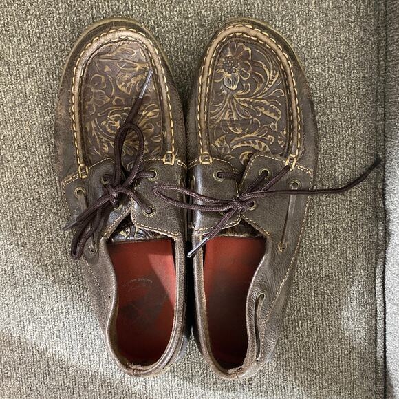 Twisted X Tooled Leather Detail Women's Boat Driving Shoes 8.5 Moccasin Floral - Picture 2 of 10